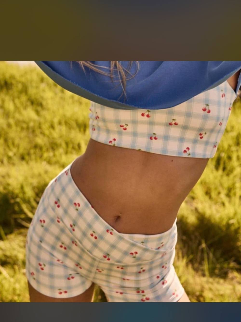 High-Waist Cherry Plaid Athletic Shorts - White/Blue